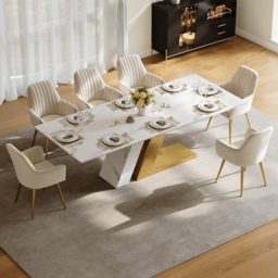 220 cm Rectangle Dining Table Faux Marble Top for 10 Stainless Steel Modern