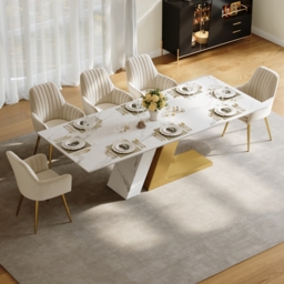 220 cm Rectangle Dining Table Faux Marble Top for 10 Stainless Steel Modern - thumbnail 2