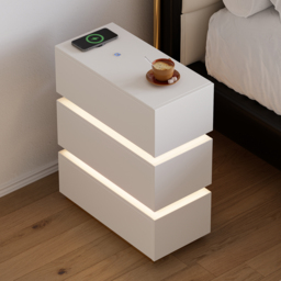 Narrow Smart 3-Drawer Bedside Table with Charging Station Bedside Table with Light in White - thumbnail 4