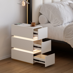 Narrow Smart 3-Drawer Bedside Table with Charging Station Bedside Table with Light in White - thumbnail 5