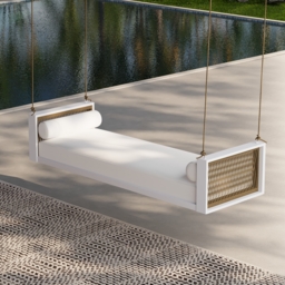 Fencura Patio Woven Rope Hanging Daybed Exterior Porch Swing Chair Sofa in White Cushion & Pillow Included - thumbnail 2