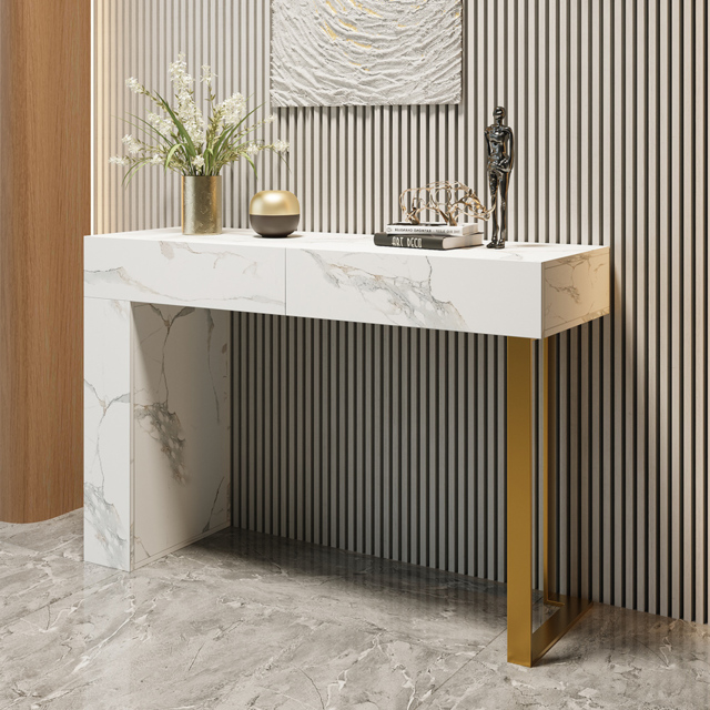 1200mm White Console Table Modern Accent Table For Entryway with 2 Drawers & Stainless Steeel Base in Gold - image 1