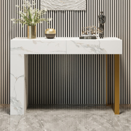 1200mm White Console Table Modern Accent Table For Entryway with 2 Drawers & Stainless Steeel Base in Gold - thumbnail 2