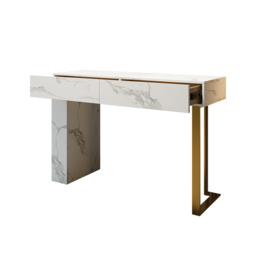 1200mm White Console Table Modern Accent Table For Entryway with 2 Drawers & Stainless Steeel Base in Gold - thumbnail 7