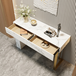 1200mm White Console Table Modern Accent Table For Entryway with 2 Drawers & Stainless Steeel Base in Gold - thumbnail 5