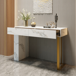 1200mm White Console Table Modern Accent Table For Entryway with 2 Drawers & Stainless Steeel Base in Gold - thumbnail 4
