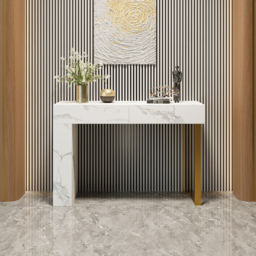 1200mm White Console Table Modern Accent Table For Entryway with 2 Drawers & Stainless Steeel Base in Gold - thumbnail 3