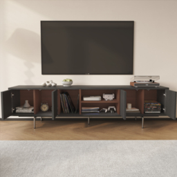 TV Stand in Wood with Open Shelf and Ample Storage, Modern Black 2000 mm TV Unit - thumbnail 3