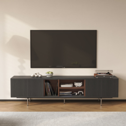 TV Stand in Wood with Open Shelf and Ample Storage, Modern Black 2000 mm TV Unit - thumbnail 1