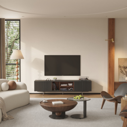 TV Stand in Wood with Open Shelf and Ample Storage, Modern Black 2000 mm TV Unit - thumbnail 2