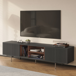 TV Stand in Wood with Open Shelf and Ample Storage, Modern Black 2000 mm TV Unit - thumbnail 4