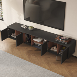 TV Stand in Wood with Open Shelf and Ample Storage, Modern Black 2000 mm TV Unit - thumbnail 6