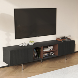 TV Stand in Wood with Open Shelf and Ample Storage, Modern Black 2000 mm TV Unit - thumbnail 5