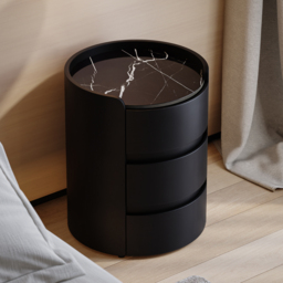 Modern bedside table with 3-drawers and 40 cm wide bedside cabinet in white, marble and leather design - thumbnail 1