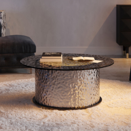 Glass Top Round Pedestal Coffee Table Modern LED Black with Stainless Steel Base - thumbnail 2