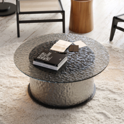 Glass Top Round Pedestal Coffee Table Modern LED Black with Stainless Steel Base - thumbnail 4
