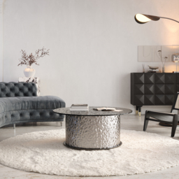Glass Top Round Pedestal Coffee Table Modern LED Black with Stainless Steel Base - thumbnail 5