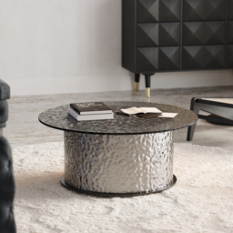 Glass Top Round Pedestal Coffee Table Modern LED Black with Stainless Steel Base - thumbnail 3
