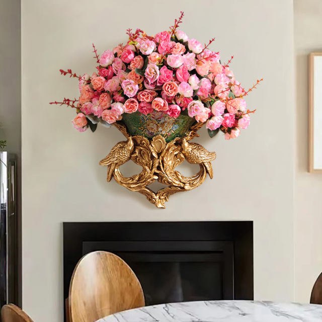 European Style Luxury Wall Hanging Carved Gold Artificial Flowers in Vase - image 1