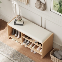Modern Leather Upholstered Entryway Bench in Natural Wood Shoe Storage (1200mm Wide) - thumbnail 3