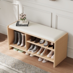 Modern Leather Upholstered Entryway Bench in Natural Wood Shoe Storage (1200mm Wide) - thumbnail 2