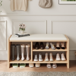 Modern Leather Upholstered Entryway Bench in Natural Wood Shoe Storage (120 cm Wide)