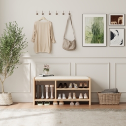 Modern Leather Upholstered Entryway Bench in Natural Wood Shoe Storage (1200mm Wide) - thumbnail 4
