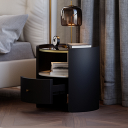Modern Round Black Leather Nightstand with Glass Top & Sintered Stone Bedside with Shelf Set of 2 - thumbnail 4