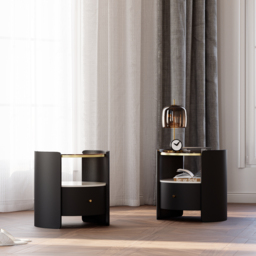 Modern Round Black Leather Nightstand with Glass Top & Sintered Stone Bedside with Shelf Set of 2
