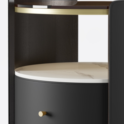 Modern Round Black Leather Nightstand with Glass Top & Sintered Stone Bedside with Shelf Set of 2 - thumbnail 8