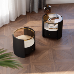 Modern Round Black Leather Nightstand with Glass Top & Sintered Stone Bedside with Shelf Set of 2 - thumbnail 2