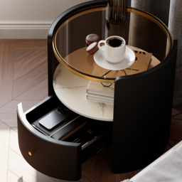 Modern Round Black Leather Nightstand with Glass Top & Sintered Stone Bedside with Shelf Set of 2 - thumbnail 9
