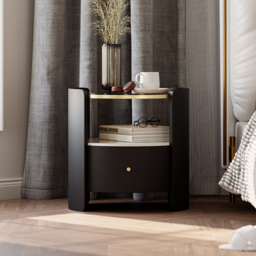 Modern Round Black Leather Nightstand with Glass Top & Sintered Stone Bedside with Shelf Set of 2 - thumbnail 5