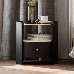 Modern Round Black Leather Nightstand with Glass Top & Sintered Stone Bedside with Shelf Set of 2 - thumbnail 3