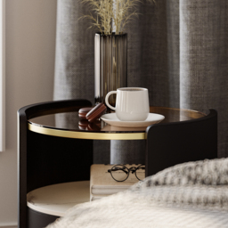 Modern Round Black Leather Nightstand with Glass Top & Sintered Stone Bedside with Shelf Set of 2 - thumbnail 6