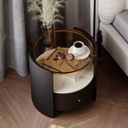 Modern Round Black Leather Nightstand with Glass Top & Sintered Stone Bedside with Shelf Set of 2 - thumbnail 7