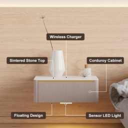 Modern Floating Corduroy Smart Bedside Table Bedside Table with Light - thumbnail 4