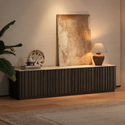 Aura 210 cm Ash Wood Fluted Smoked Brown TV Stand with Sintered Stone Top - thumbnail 1