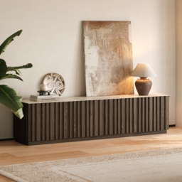 Aura 210 cm Ash Wood Fluted Smoked Brown TV Stand with Sintered Stone Top - thumbnail 3