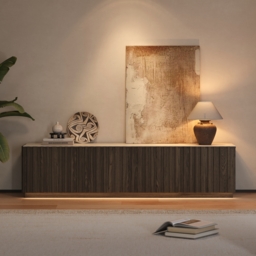 Aura 210 cm Ash Wood Fluted Smoked Brown TV Stand with Sintered Stone Top - thumbnail 2