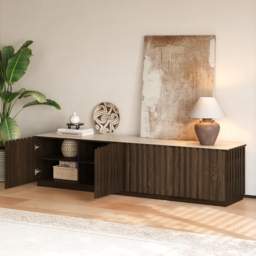 Aura 210 cm Ash Wood Fluted Smoked Brown TV Stand with Sintered Stone Top - thumbnail 4