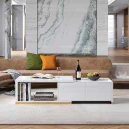 Mordel Extendable Up to 180 cm Rectangle Glossy White Coffee Table with 2 Drawers - thumbnail 5