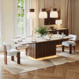 Aura 214 cm Faux Travertine Rectangular Dining Table with Sintered Stone Top, Seats 8
