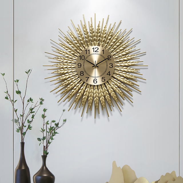 Small 3D Sunburst Metal Oversized Wall Clock Wheat Home Decor