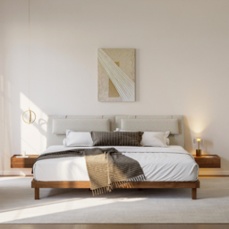 Queen Size Bedroom Set Wood Bed Frame with Floating Smart Nightstands with Light & Pillow Headboard - thumbnail 5