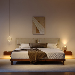 Queen Size Bedroom Set Wood Bed Frame with Floating Smart Nightstands with Light & Pillow Headboard - thumbnail 1