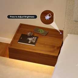 Queen Size Bedroom Set Wood Bed Frame with Floating Smart Nightstands with Light & Pillow Headboard - thumbnail 8