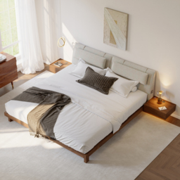 Queen Size Bedroom Set Wood Bed Frame with Floating Smart Nightstands with Light & Pillow Headboard - thumbnail 2