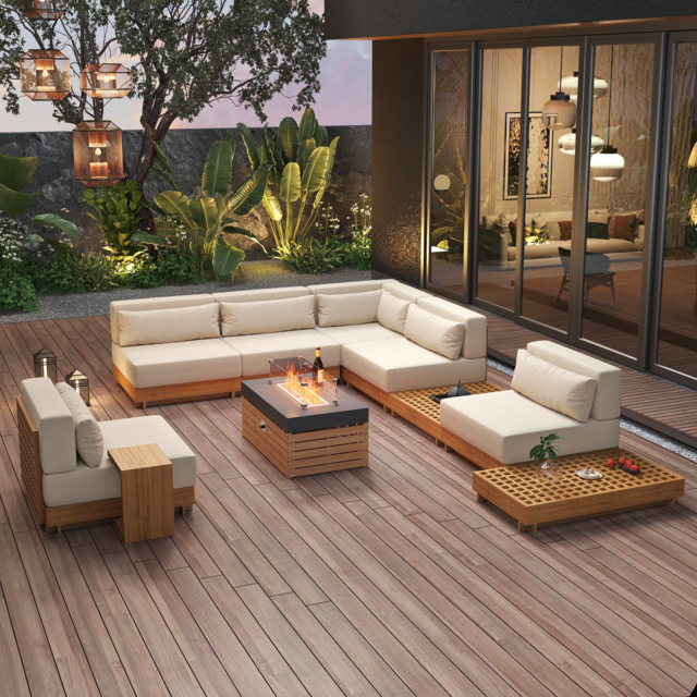 Grida 991 mm Propane Gas Fire Pit Table With Glass & Teak Modular Outdoor Sectional Sofa Set - image 1