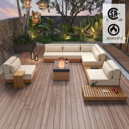 Grida 991 mm Propane Gas Fire Pit Table With Glass & Teak Modular Outdoor Sectional Sofa Set - thumbnail 2